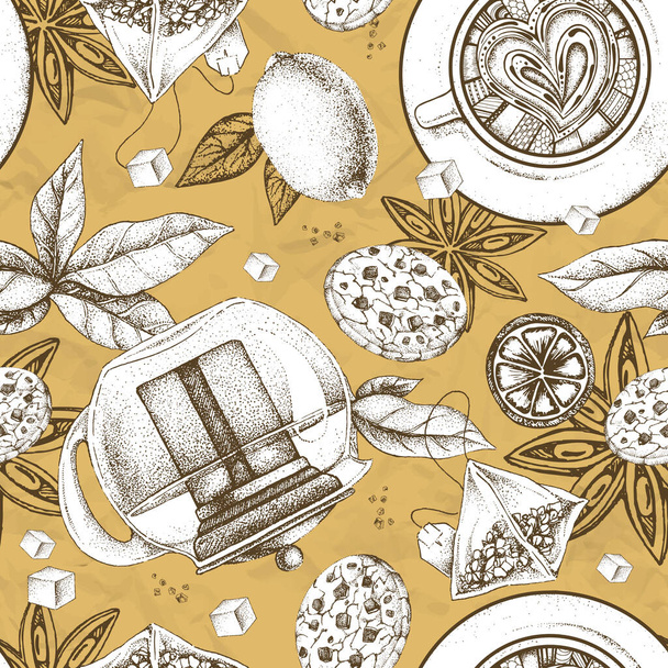 Seamless pattern with tea leaves, teapots, tea cups, tea bags, cookies, sugar and star anise - Вектор, зображення