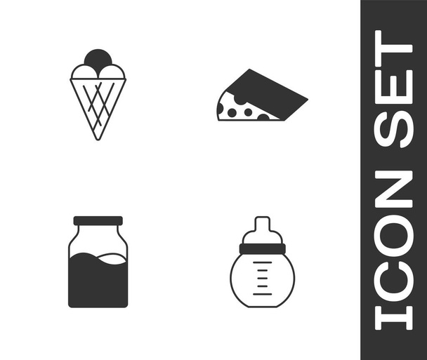Set Baby milk in a bottle, Ice cream waffle cone, Bottle with and Cheese icon. Vector - Vector, Image