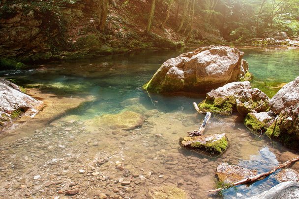 美しい自然、夏の晴れた日に自然ラグーン。クリミア山脈の湖. - 写真・画像