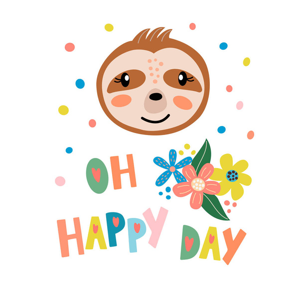 Carino il viso bradipo con scritte - oh giorno felice - Vettoriali, immagini