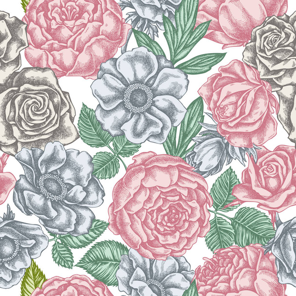 Seamless pattern with hand drawn pastel roses, anemone, peony - Вектор, зображення
