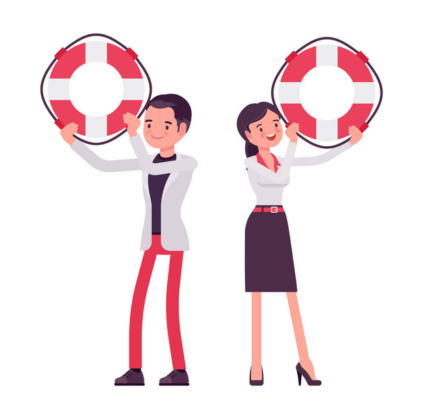 Smart businessman, businesswoman, business manager with giant lifebuoy - Vector, Image