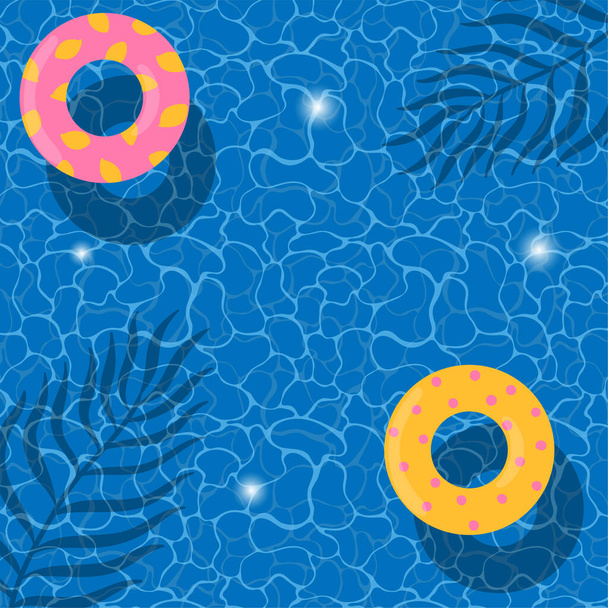 Verano azul aqua textura de fondo. Piscina con flotadores de piscina y hojas sombras - Vector, Imagen