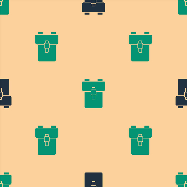 Grüner und schwarzer Schulrucksack mit isoliertem nahtlosen Muster auf beigem Hintergrund. Vektor. - Vektor, Bild