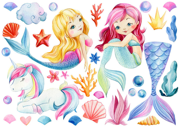 sirene e unicorno su sfondo bianco isolato. Illustrazione ad acquerello, poster per bambini - Foto, immagini