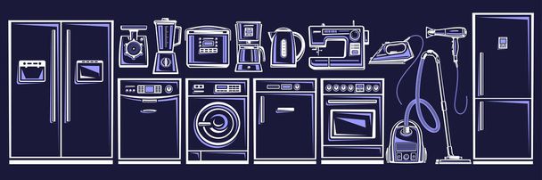 Συλλογή διανυσματικών οικιακών συσκευών, συλλογή αποκομμένων εικονογραφήσεων περιγράμματος οικιακής χρήσης και συσκευής κουζίνας προς πώληση, σκούρο οριζόντιο πανό με σύγχρονες οικιακές συσκευές και μπλε gadgets. - Διάνυσμα, εικόνα