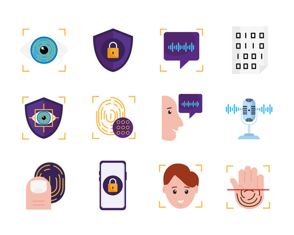 doce iconos de verificación biométrica - Vector, Imagen