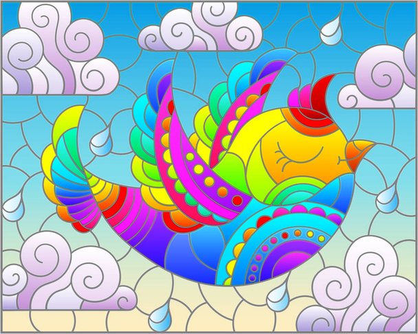 Ilustración en el estilo de una vidriera con un pájaro arco iris brillante sobre un fondo de cielo azul y nubes - Vector, imagen