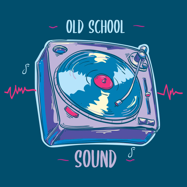 Old school sound - funky colorful drawn music turntable - Wektor, obraz