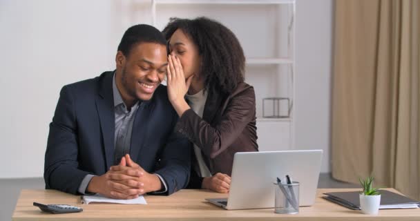 アフリカ系アメリカ人の同僚の男性と女性は、ビジネス会社の女の子で近代的なオフィスに座って男性の同僚に秘密を伝えます面白いゴシップジョークを共有します良いニュース機密情報男は笑い喜びます - 映像、動画