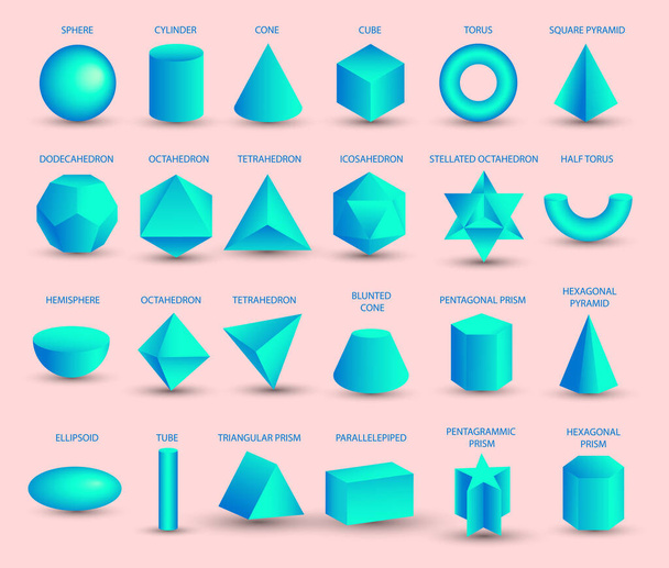 Vektor reális 3D kék geometriai formák elszigetelt rózsaszín háttér. Matek geometriai alak forma, realisztikus formák modell. Platon szilárd. Geometrikus formák ikonok oktatás, üzlet, design. - Vektor, kép