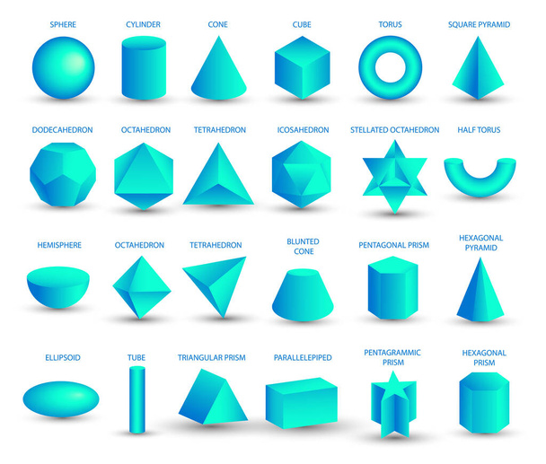 Vektor realistische 3D blaue geometrische Formen isoliert auf weißem Hintergrund. Mathematik geometrische figurform, realistische formen modell. Platon solide. Geometrische Formen Symbole für Bildung, Wirtschaft, Design. - Vektor, Bild