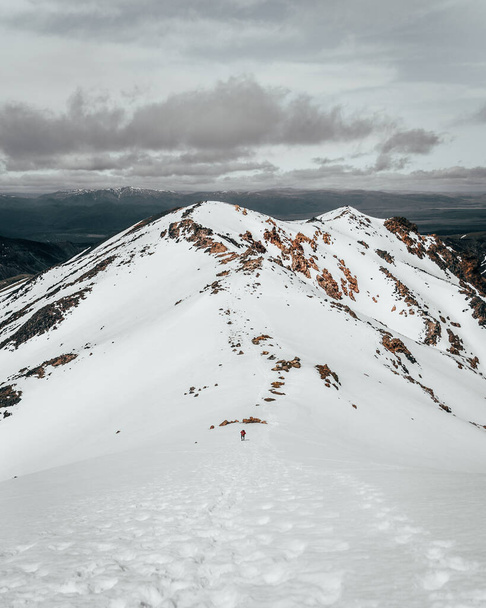 A vertical shot of a snowy peak on a cloudy day - Foto, afbeelding