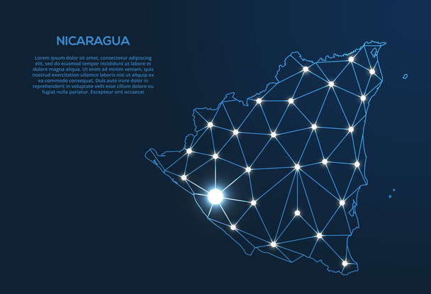 Mappa della rete di comunicazione del Nicaragua. Immagine a basso poli vettoriale di una mappa globale con luci sotto forma di città. - Vettoriali, immagini