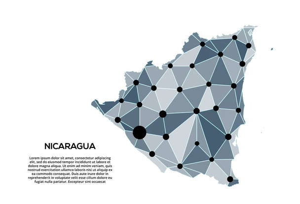 Karte des Kommunikationsnetzes Nicaragua. Vektorbild einer Low-Poly-Weltkarte mit Stadtbeleuchtung. - Vektor, Bild