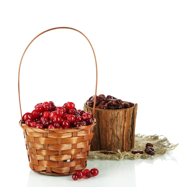 Fresh and dry cranberry in basket, isolated on white - Foto, Imagem