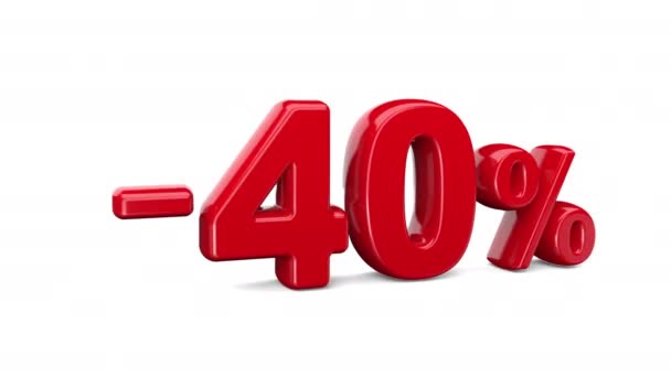Forty percent discount over white background, special offer, great offer, sale. 40 percent DISCOUNT bright red text on white. 3D animation with alpha channel - Footage, Video