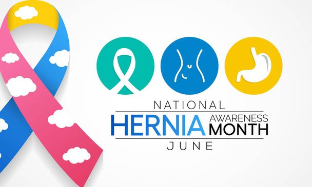 O mês nacional de conscientização de hérnia (CDH) é observado todos os anos em junho. ocorre quando um órgão ou tecido adiposo espreme através de um ponto fraco em um músculo circundante ou tecido conjuntivo chamado fáscia. - Vetor, Imagem