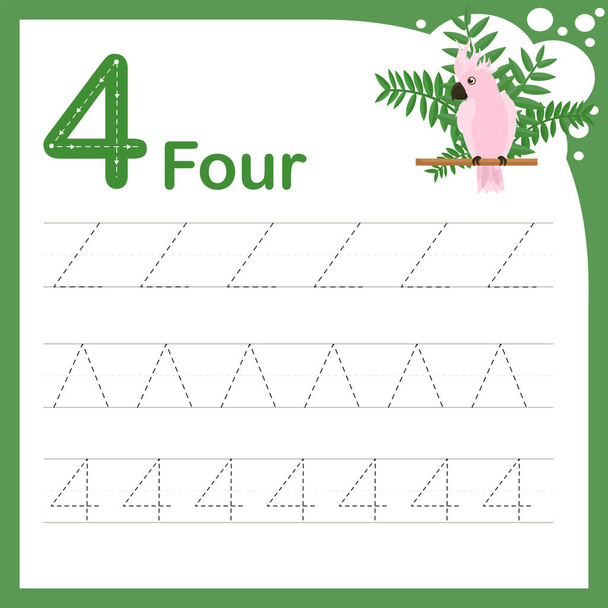 drawing line vector illustration of a children's task for learning numbers. A worksheet with the number four. Handwriting training - Vector, Image