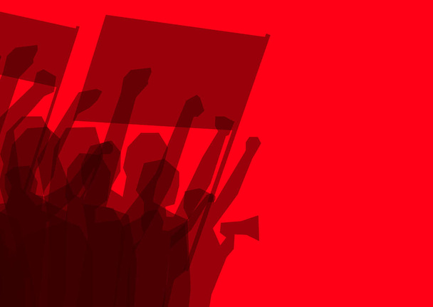Silhouette of the crowd of protest people with flags, loudspeakers, and raised up hands on the red background with copy space. Political protest, and fight for the rights. Vector - Vector, Image