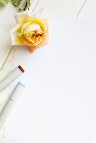 Mockup for A4 paper with single rose and drawing material - 写真・画像