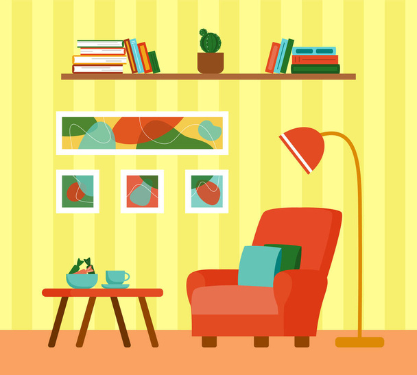 Elegante design retrò del soggiorno: poltrona, tavolino, lampada, mensola per libri, dipinti con astratto. Grande sedia rossa confortevole. Illustrazione vettoriale in stile piatto - Vettoriali, immagini