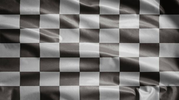 3D Racing flag waving in the wind. Car race or auto sport, motorcycle speed competition. Back and white checkered pattern background, rally and motocross, start and finish championship - Photo, Image