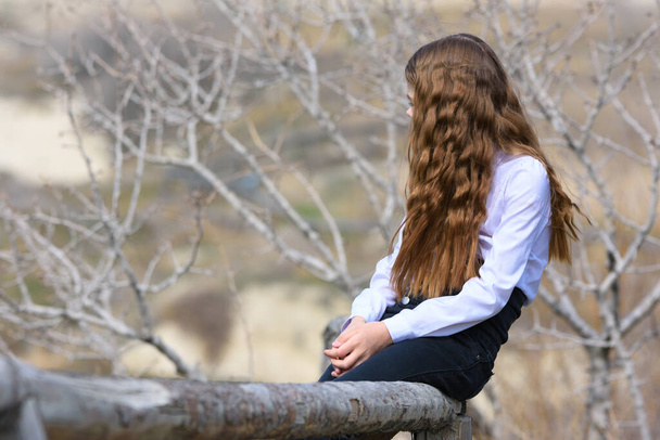 Девушка сидит на деревянном заборе и смотрит вдаль - Фото, изображение