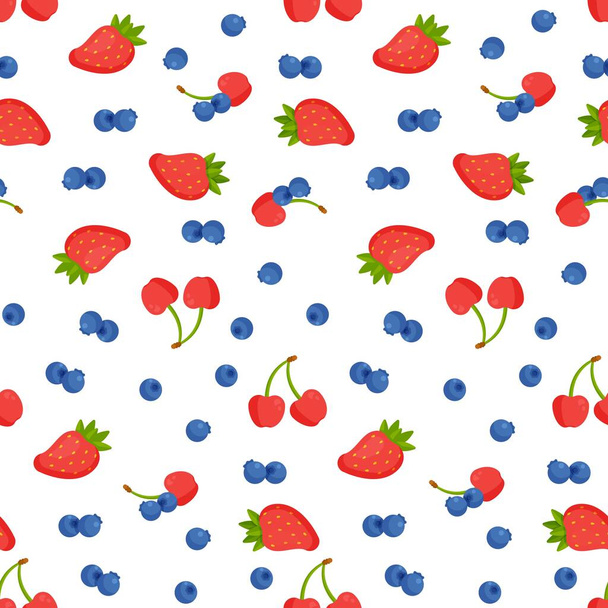 Vector illustration pattern of fresh berries from trees or bushes. Design for screen printing backdrop, fabric and tile wallpaper. cartoon fruit. Seamless pattern of strawberries, blueberries, cherries, cherries and currants. - Vector, Image