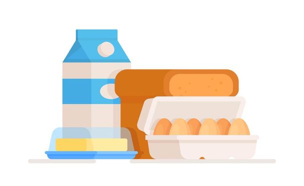 Ilustração vetorial de um desenho isolado de produtos lácteos. Alimentos úteis ao amamentar um bebê. Alimentos com baixo teor de gordura. Desenho da caixa de leite e ovos de manteiga. Embalagem de leite. Caixa de ovos.  - Vetor, Imagem