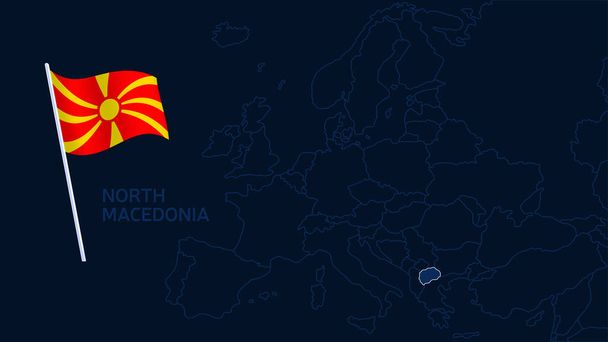 North macedonia on europe map vector illustration (англійською). Високоякісна карта Європи з кордонами регіонів на темному тлі з національним прапором. - Вектор, зображення