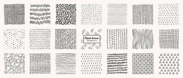 Set of hand drawn patterns isolated. Vector textures made with ink, pencil, brush. Geometric doodle shapes of spots, dots, circles, strokes, stripes, lines. Template for social media, posters, prints - Vector, Image