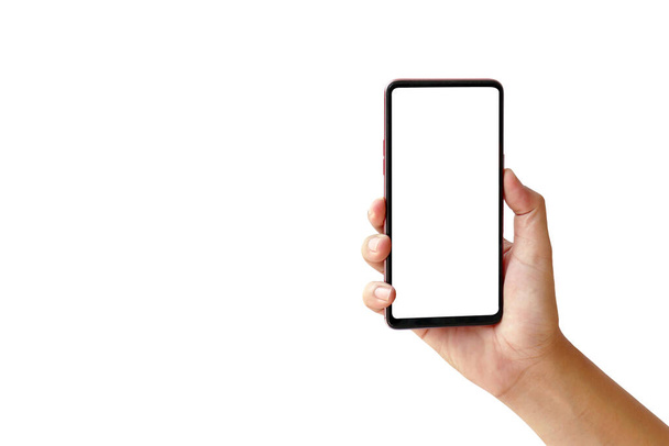 Рука держит новый смартфон на белом фоне. - Фото, изображение