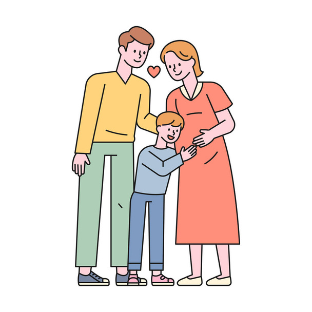 Син обіймає живіт вагітної матері, а тато і мати щасливо посміхаються. стиль плоского дизайну мінімальна векторна ілюстрація
. - Вектор, зображення
