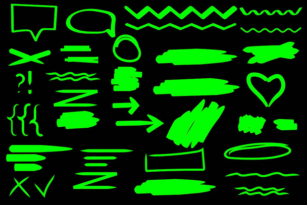 Pinceladas marcadoras verdes en estilo dibujado a mano sobre fondo blanco. Textura grunge. Imagen de archivo. Ilustración vectorial. EPS 10. - Vector, imagen