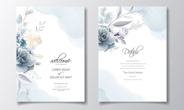 Blu navy floreale modello di biglietto di invito di nozze con foglie d'oro e cornice ad acquerello - Vettoriali, immagini