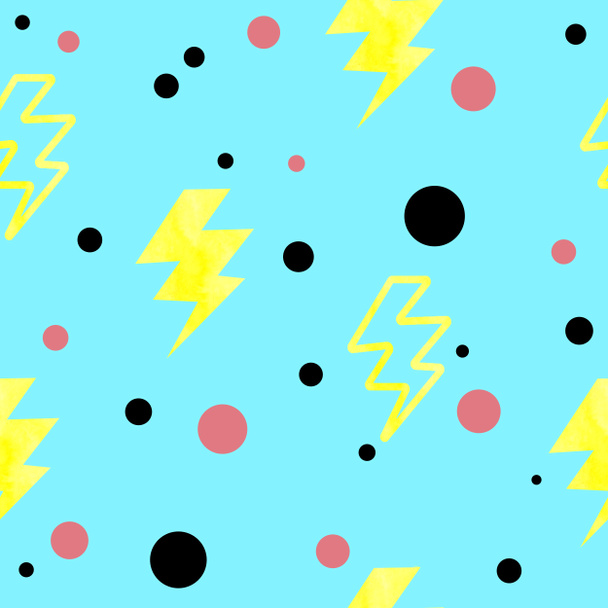 Aquarell nahtloses handgezeichnetes Muster des Memphis-abstrakten Stils der 80er Jahre. Leuchtend blau gelb rosa lila geometrische Kreis Zick-Zack-Elemente, flippiges Hipster-Design für Textilmode Packpapier. - Foto, Bild