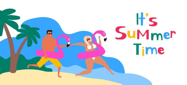 summer time happy couple on tropical beach with inflatable flamingo vector illustration - Vector, Image