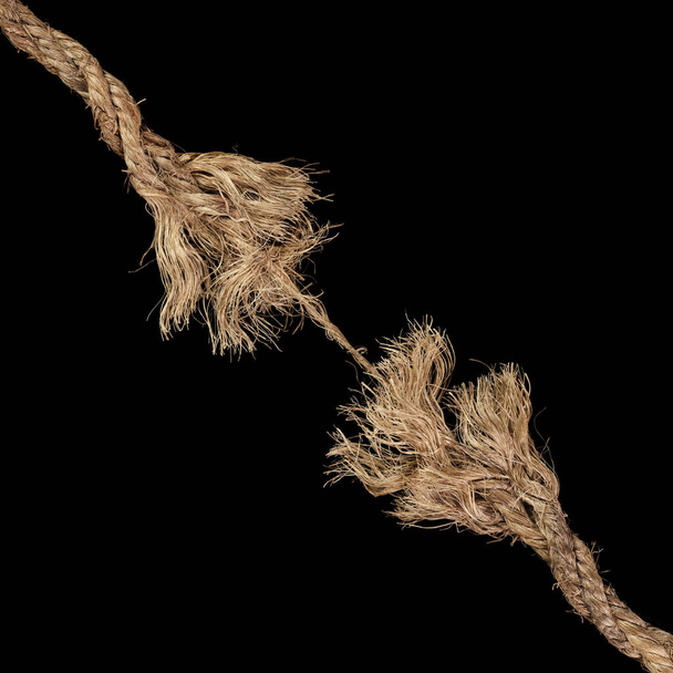 Schmutziges Seil, an beiden Enden ausgefranst und bereit, mit einem Seil auseinanderzubrechen, das von einem letzten Strang zusammengehalten wird, der bereit ist, zu reißen. Konzept für gefährlichen Stress oder belastende Situationen wie Scheidung, Fristen, Versagen oder Spannungen. - Foto, Bild