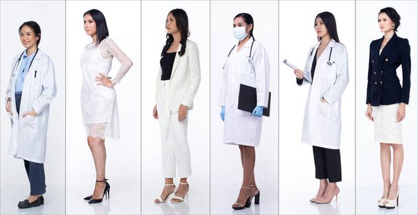 Longueur totale du corps Figure snap of Asian Women in many diversity career such as Doctor, casual and businesswoman, stand turn side view, white Arrière-plan isolé - Photo, image