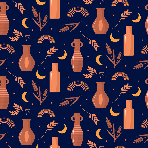 Pattern with ceramic vases on a dark background. - Vector, Image