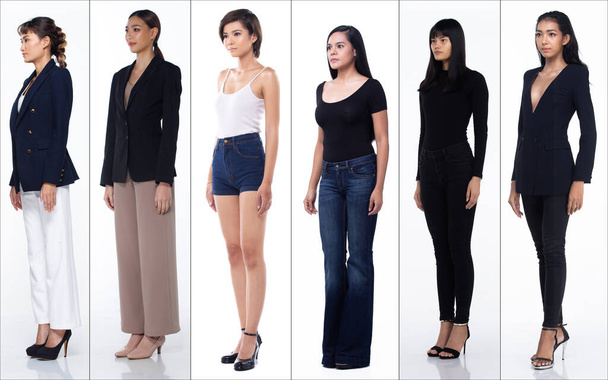 Πλήρες μήκος του σώματος Σχήμα snap των γυναικών της Ασίας σε πολλές σταδιοδρομία ποικιλομορφία, όπως casual τρόπο ζωής και επιχειρηματίας, σταθεί με τη σειρά πλευρά άποψη, λευκό φόντο απομονωμένο - Φωτογραφία, εικόνα
