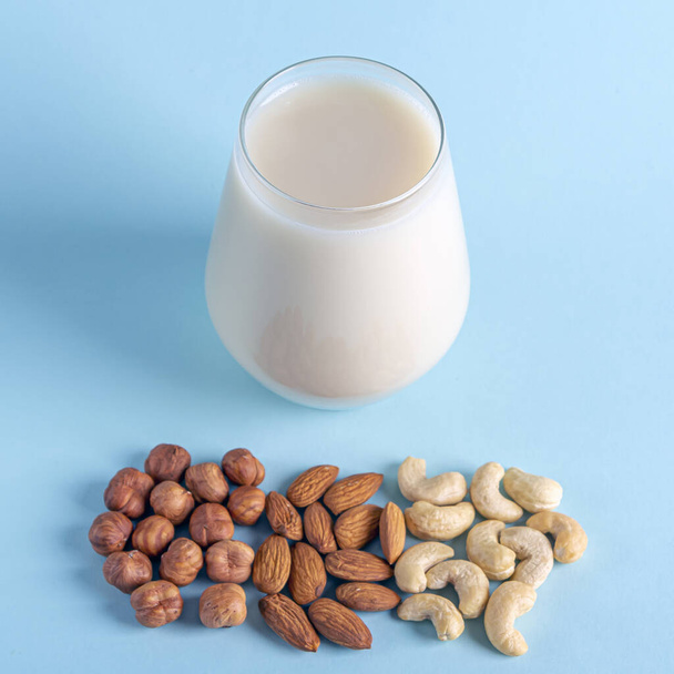 Glass of organic vegan dairy free milk from nuts. Healthy breakfast with vegetarian alternative drink. Various types of nuts: cashew, hazelnuts, almonds on blue background.  - Фото, зображення