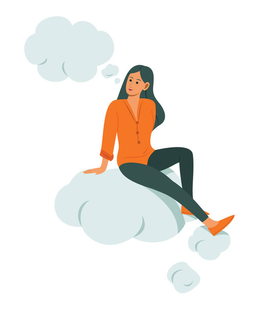 Woman Sitting On a Big Bubble and Thinking Good Idea. - Vector, Image
