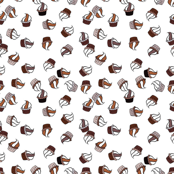 Vector illustration. Hand drawn doodle illustration with pastry. Sweets background design. Cupcakes seamless pattern with watercolor on brown, white and black background. - Vector, Imagen