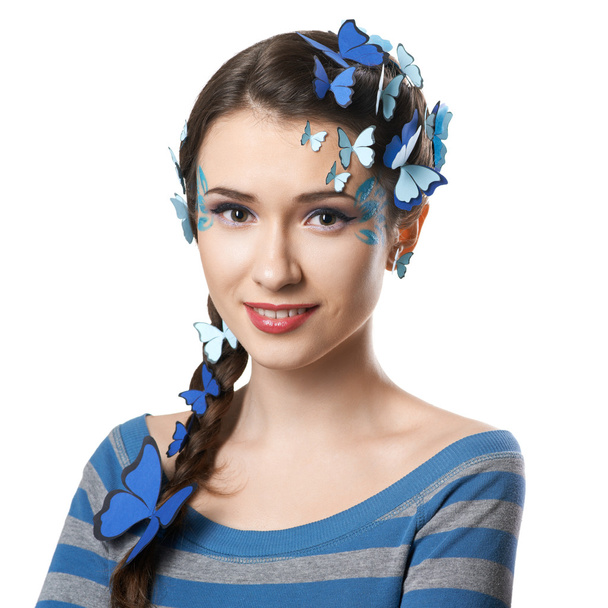 girl with art make-up blue butterflies - Foto, Imagem