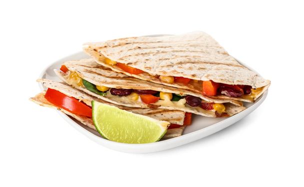 Plate with tasty vegetarian quesadillas on white background - 写真・画像