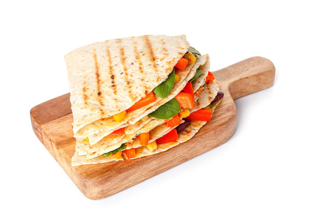 Board with tasty vegetarian quesadillas on white background - Foto, Imagem