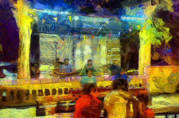 Paisaje del mercado por la noche, el mercado comunitario a lo largo del río Mekong Illustrations crea un estilo impresionista de pintura. - Foto, Imagen