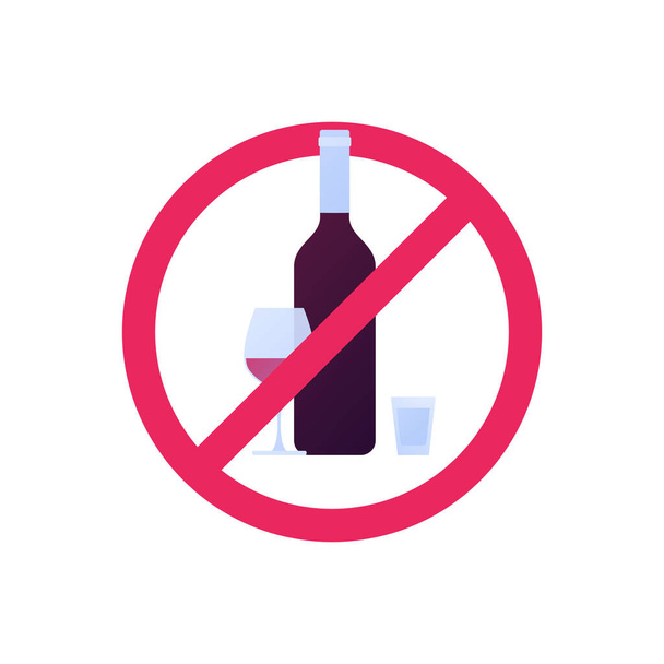 Alcoholism harm concept. Vector flat illustration. Circle shape stop sign. Bottle of wine, glass with alcohol symbol. Design element. - Vector, Image